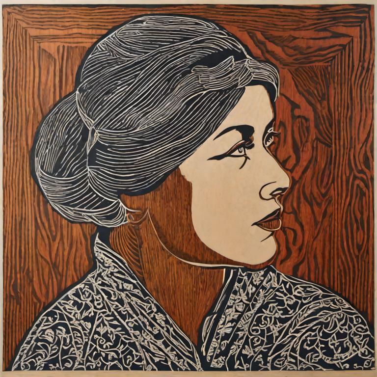 Gravure sur bois,Gravure sur bois, Personnes, femme, 1fille, solo, cheveux noirs, portrait, rouge à lèvres