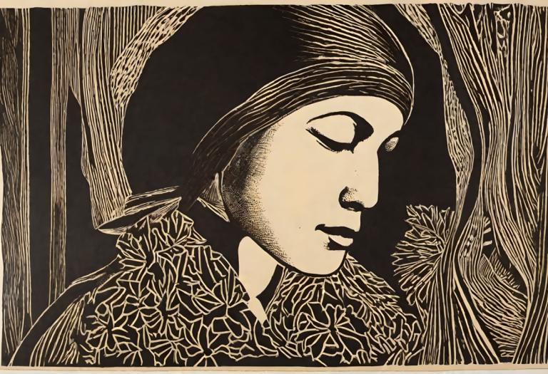 Woodcut,Woodcut, People, woman, pointy ears, solo, monochrome, closed eyes, 1girl, elf, closed mouth, 1boy