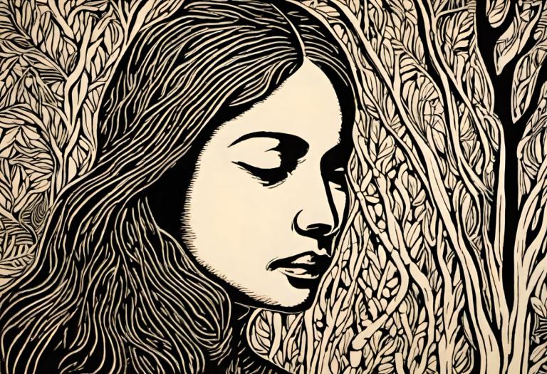 Woodcut,Woodcut, People, woman, solo, monochrome, 1girl, tree, long hair, closed eyes, parody