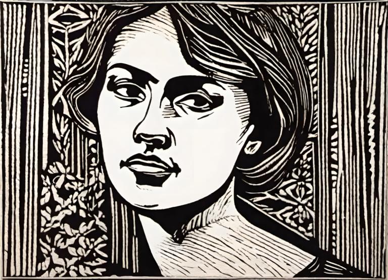 Woodcut,Woodcut, People, woman, solo, monochrome, 1boy, male focus, greyscale, portrait, open mouth, flower