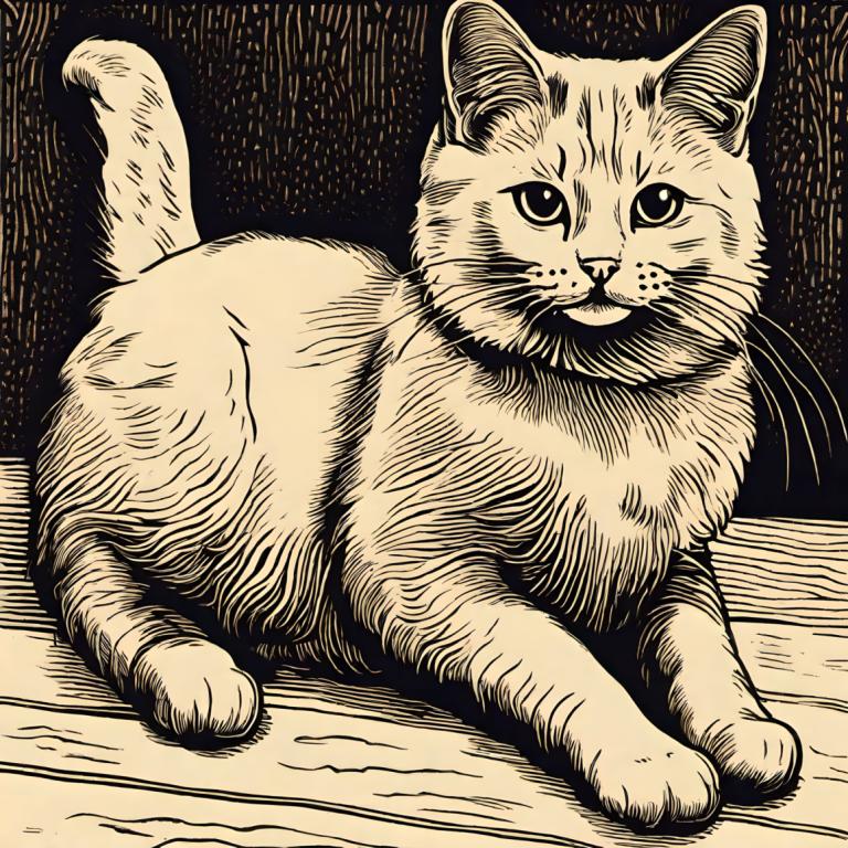 Woodcut,Woodcut, Animal, cat, no humans, cat, monochrome, animal focus, animal, whiskers, full body