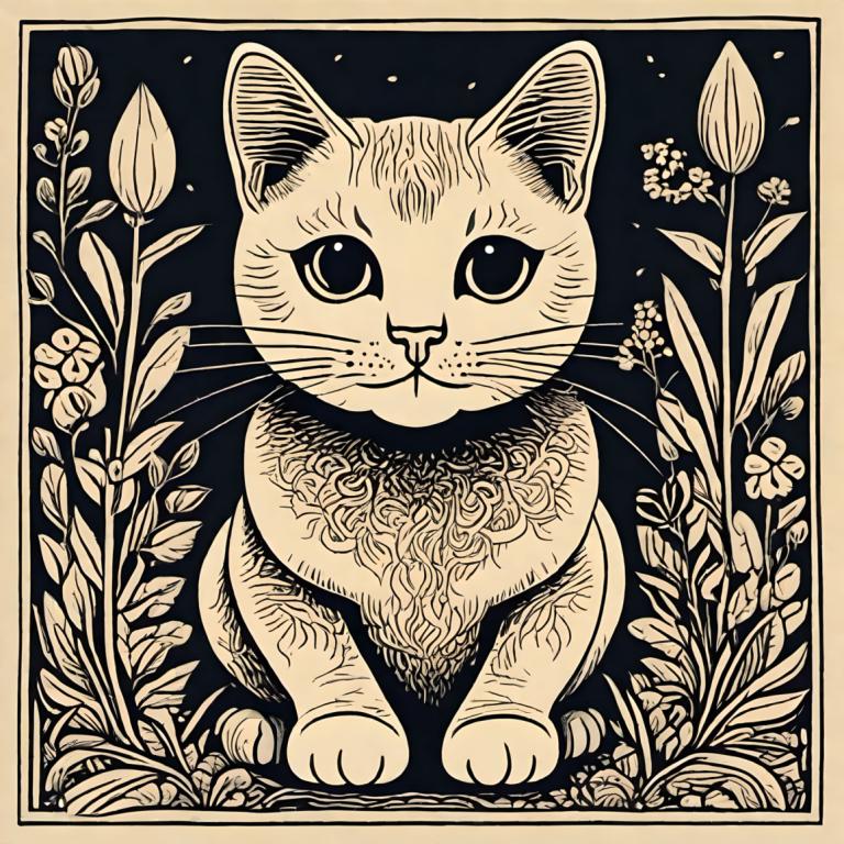 木版画,木版画, 動物, 猫, 人間がいない, モノクロ, 猫, 花, 植物, グレースケール, 動物の焦点, ソロ, 視聴者を見ている, 国境, 座っている, ひげ, 動物