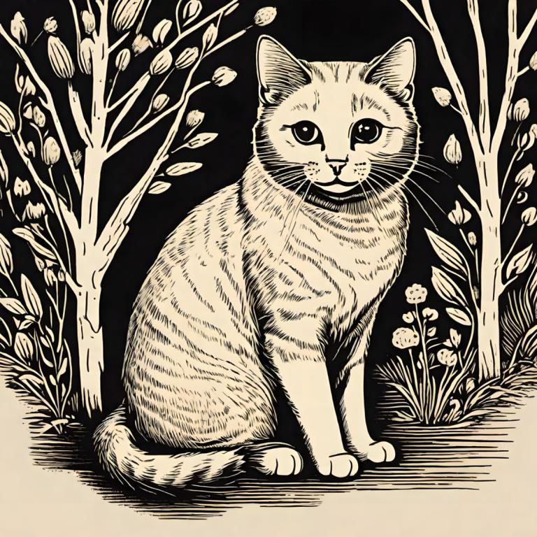 Woodcut,Woodcut, Animal, cat, no humans, animal focus, cat, monochrome, greyscale, tree, plant