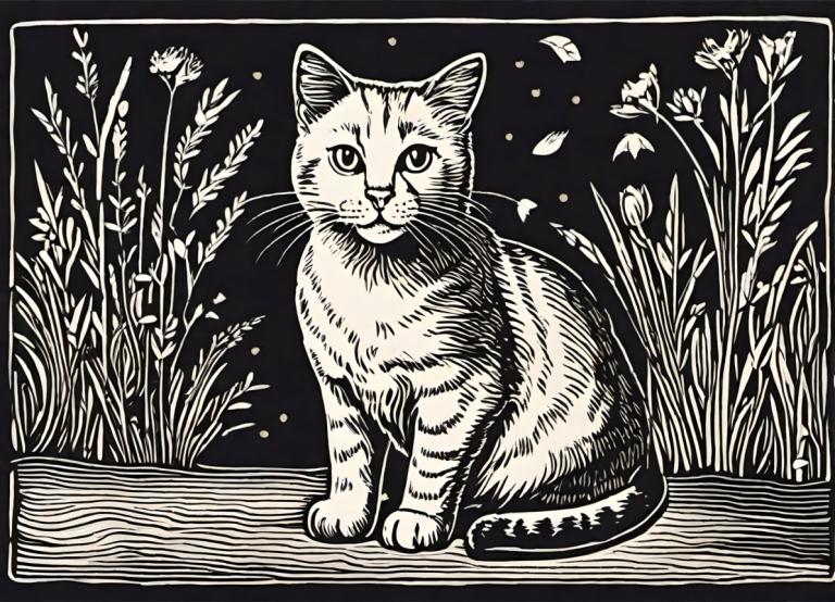 Woodcut,Woodcut, Animal, cat, no humans, monochrome, cat, greyscale, animal focus, border, plant, whiskers