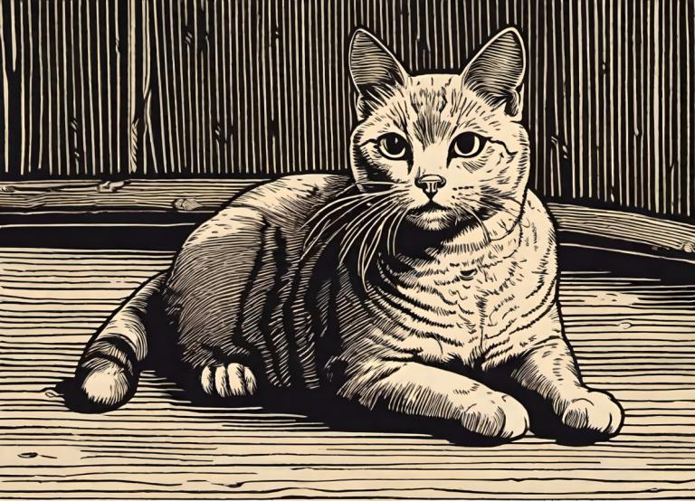 Woodcut,Woodcut, Animal, cat, no humans, cat, monochrome, animal focus, animal, greyscale, full body, solo