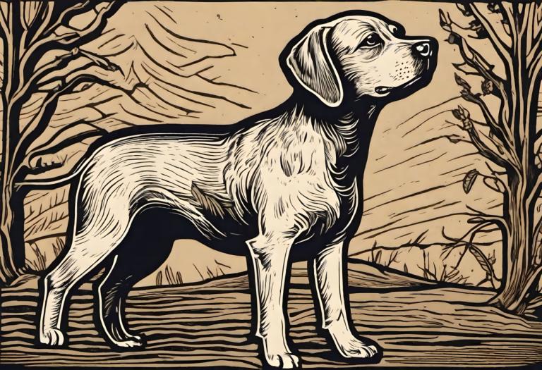 Woodcut,Woodcut, Animal, dog, no humans, dog, tree, solo, bare tree, monochrome, outdoors, animal focus