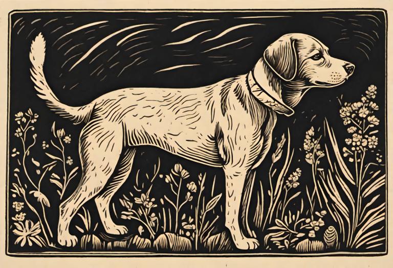 Woodcut,Woodcut, Animal, dog, no humans, dog, monochrome, flower, grass, solo, fine art parody, from side