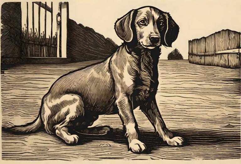 Woodcut,Woodcut, Animal, dog, no humans, dog, monochrome, outdoors, solo, animal focus, sepia