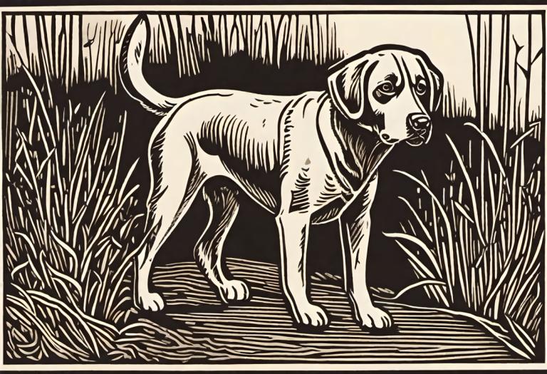 Woodcut,Woodcut, Animal, dog, no humans, dog, monochrome, grass, border, solo, outdoors, nature, animal