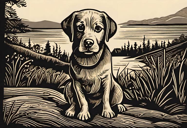 Woodcut,Woodcut, Animal, dog, no humans, dog, monochrome, grass, outdoors, solo, looking at viewer, parody