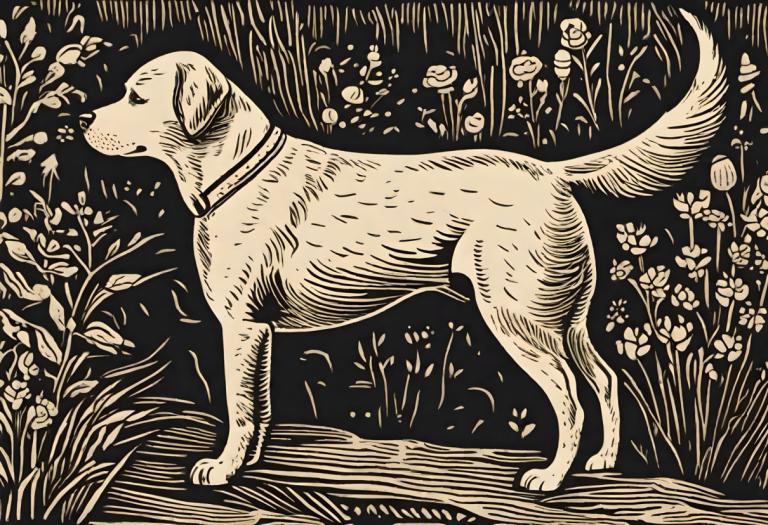 Woodcut,Woodcut, Animal, dog, no humans, monochrome, flower, dog, animal focus, plant, animal, nature