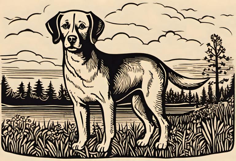 Woodcut,Woodcut, Animal, dog, no humans, dog, monochrome, grass, outdoors, cloud, tree, parody