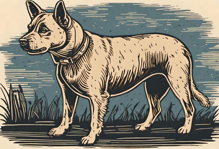 Woodcut,Woodcut, Animal, dog, no humans, grass, solo, full body, monochrome, dog, animal focus, sky, standing