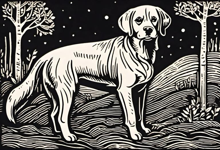 Woodcut,Woodcut, Animal, dog, monochrome, greyscale, no humans, dog, tree, plant, outdoors, solo