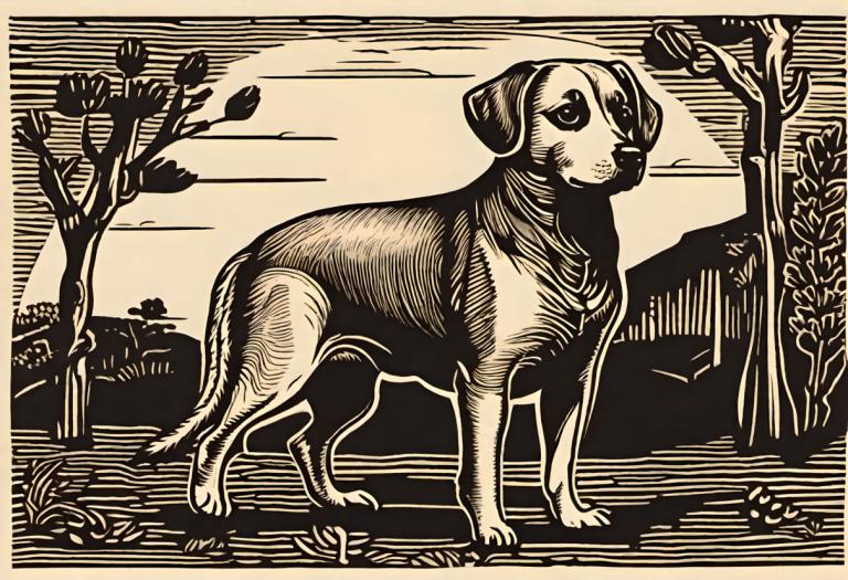 Woodcut,Woodcut, Animal, dog, no humans, dog, monochrome, tree, solo, fine art parody, outdoors, parody