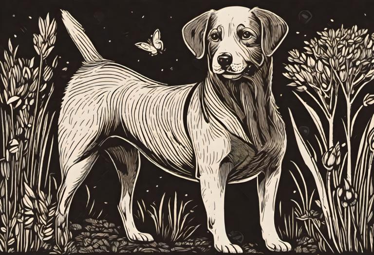 Woodcut,Woodcut, Animal, dog, bug, no humans, butterfly, dog, monochrome, animal focus, greyscale, grass