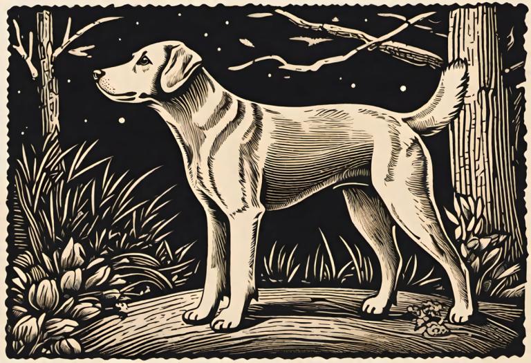 Woodcut,Woodcut, Animal, dog, no humans, monochrome, dog, flower, solo, tree, grass, animal focus, outdoors