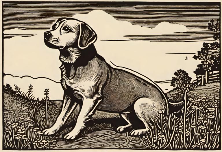 Woodcut,Woodcut, Animal, dog, no humans, dog, monochrome, grass, pokemon (creature), outdoors, cloud, tree