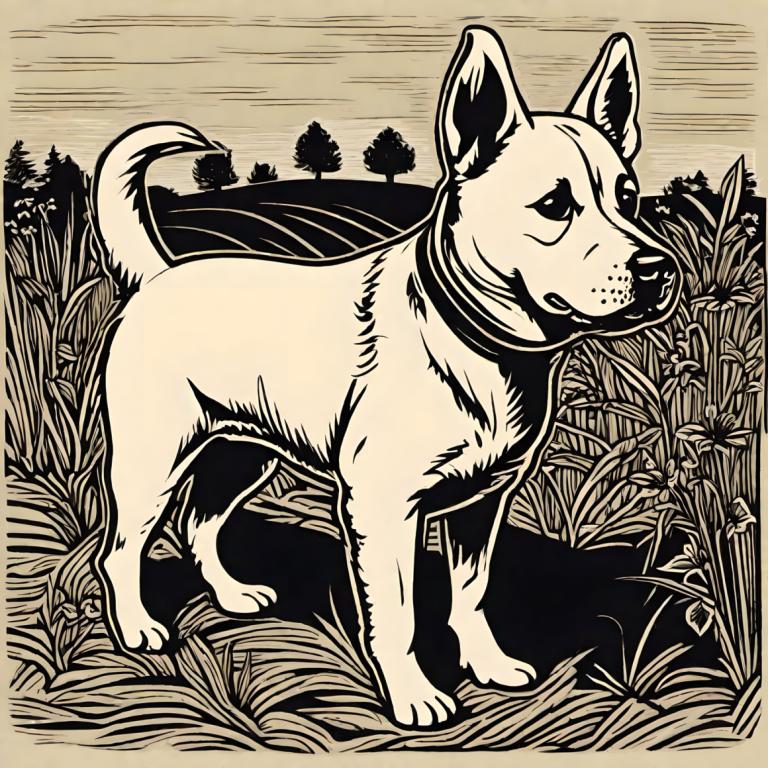 Woodcut,Woodcut, Animal, dog, no humans, dog, grass, monochrome, animalization, animal focus, outdoors