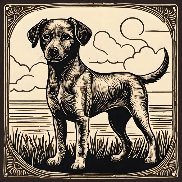 Woodcut,Woodcut, Animal, dog, no humans, dog, monochrome, grass, cloud, greyscale, animal focus, sky, sun