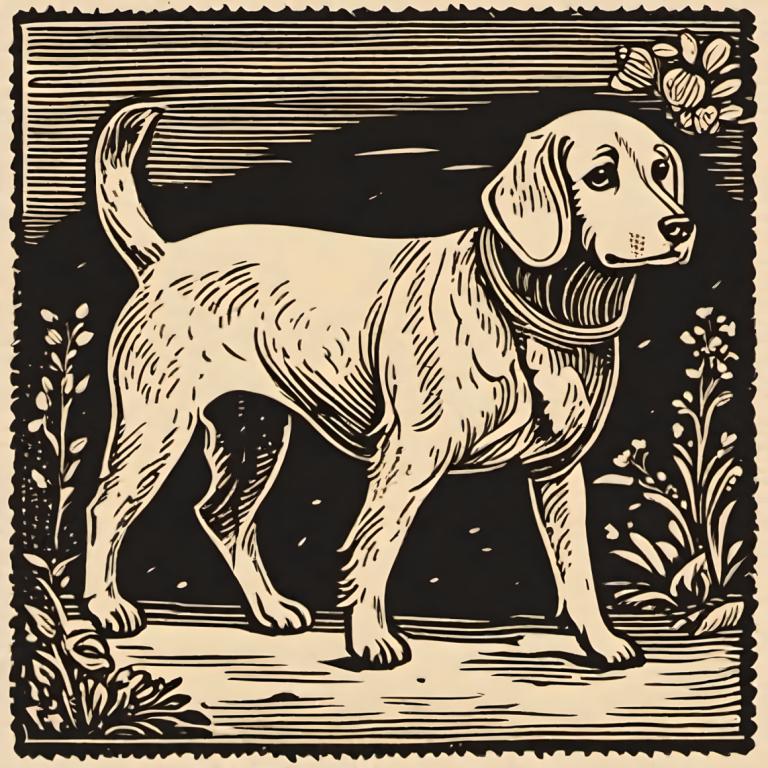 Woodcut,Woodcut, Animal, dog, monochrome, no humans, plant, dog, greyscale, full body, solo, border, flower