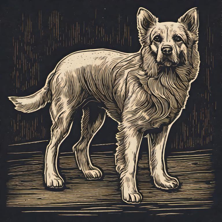 Woodcut,Woodcut, Animal, dog, no humans, dog, animal focus, full body, signature, monochrome, animal, solo