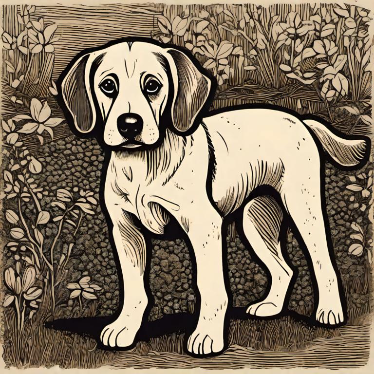 Woodcut,Woodcut, Animal, dog, no humans, dog, monochrome, animal focus, plant, leaf, solo, full body, animal