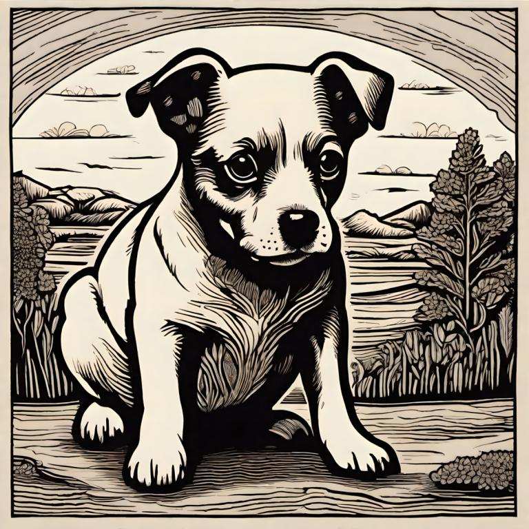 Woodcut,Woodcut, Animal, dog, no humans, dog, monochrome, tree, cloud, outdoors, fine art parody, solo