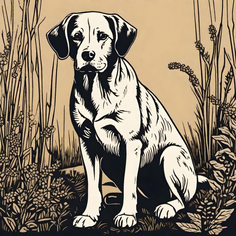 Woodcut,Woodcut, Animal, dog, no humans, dog, nature, animal focus, monochrome, plant, flower, animal, grass