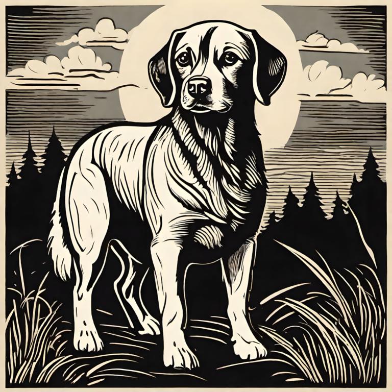 Woodcut,Woodcut, Animal, dog, no humans, monochrome, dog, moon, cloud, greyscale, full moon, sky, grass, solo