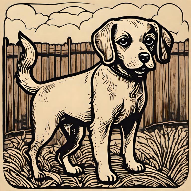 Woodcut,Woodcut, Animal, dog, no humans, dog, fence, monochrome, cloud, outdoors, grass, sky, solo