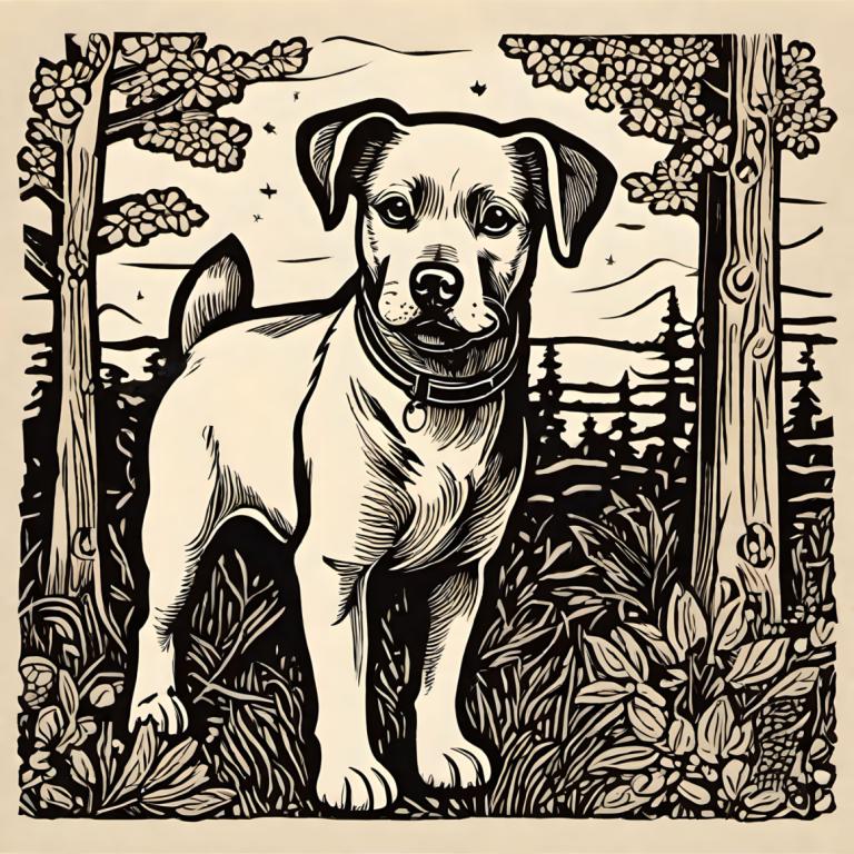 Woodcut,Woodcut, Animal, dog, no humans, dog, monochrome, tree, outdoors, grass, flower, animal focus, collar