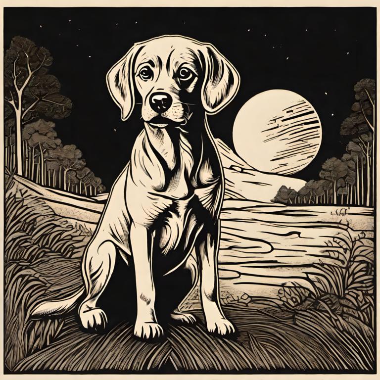 Woodcut,Woodcut, Animal, dog, no humans, moon, monochrome, dog, tree, night, star (sky), border, outdoors