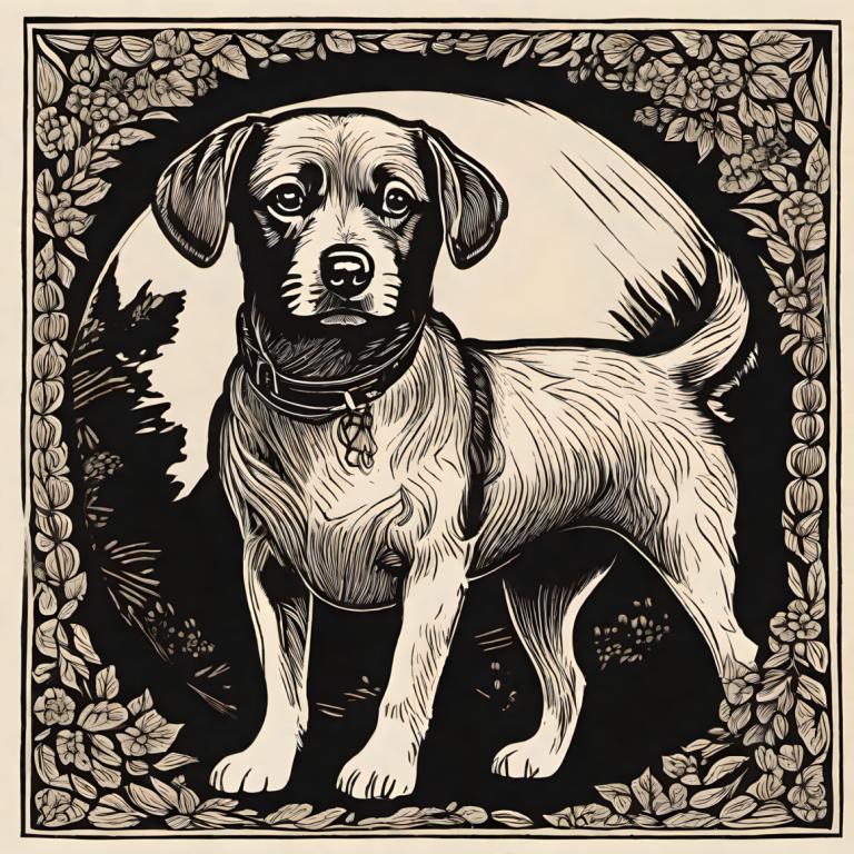 Woodcut,Woodcut, Animal, dog, no humans, dog, monochrome, animal focus, greyscale, collar, looking at viewer