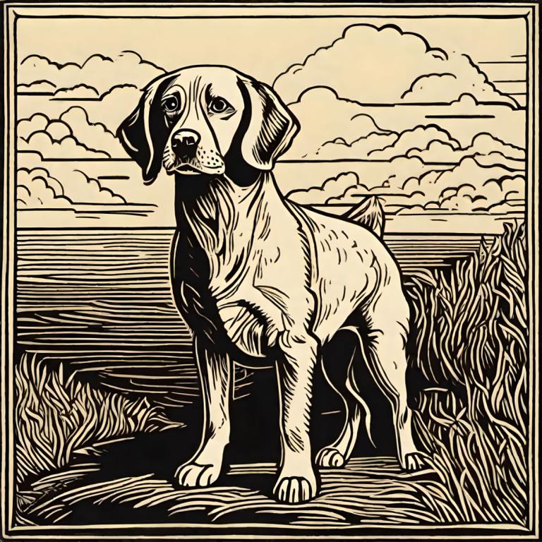 Woodcut,Woodcut, Animal, dog, monochrome, greyscale, no humans, cloud, solo, parody, sky