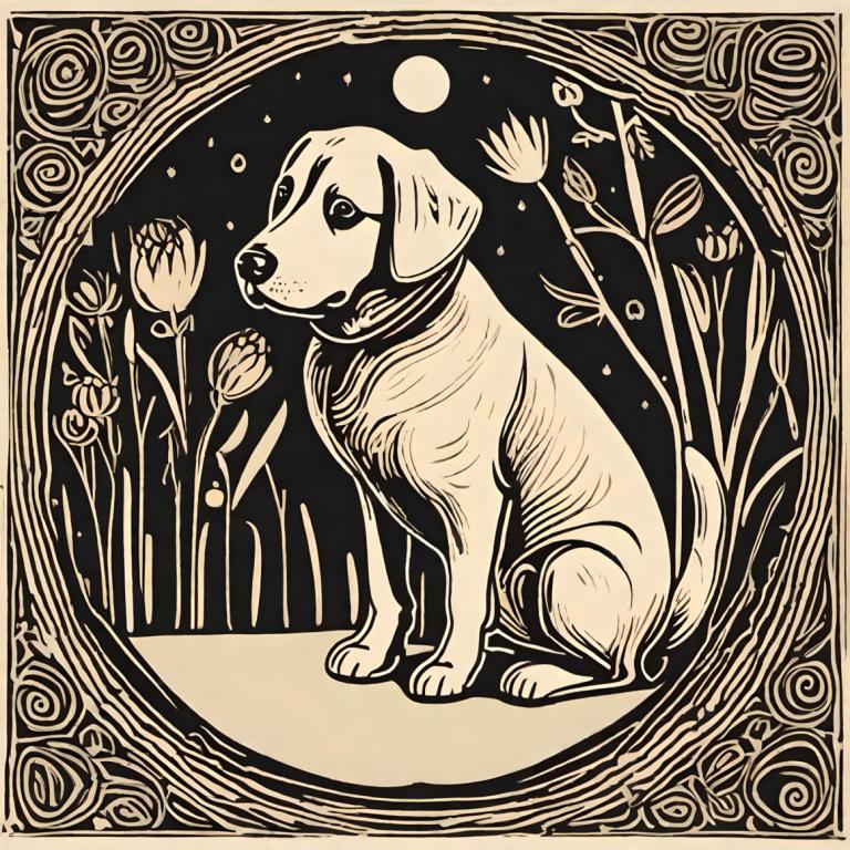 Woodcut,Woodcut, Animal, dog, no humans, dog, monochrome, flower, greyscale, animal focus, solo, moon, border