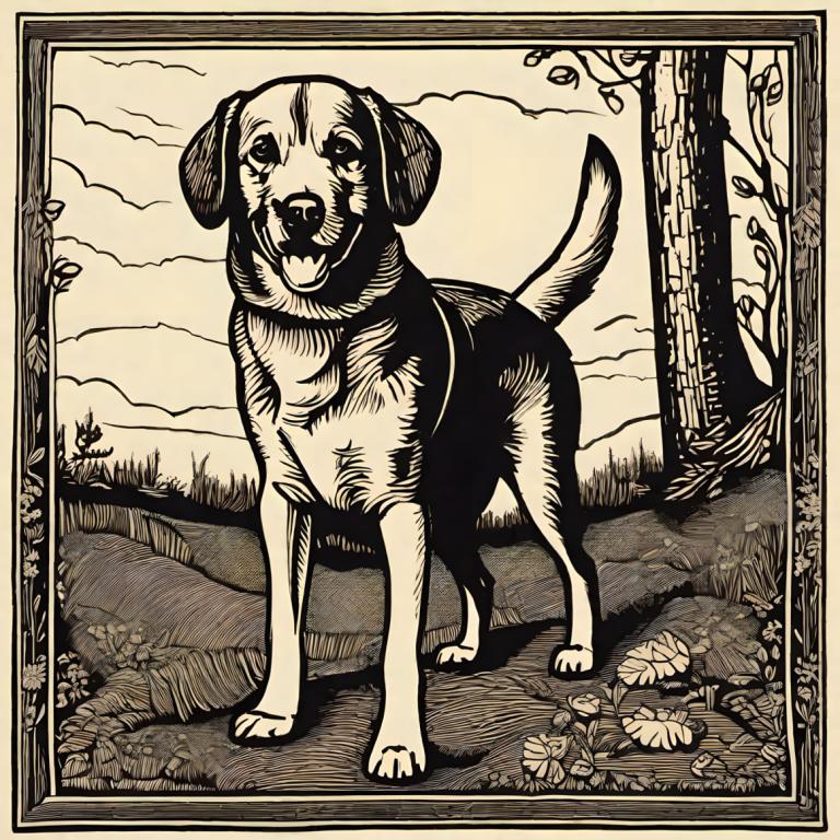 Woodcut,Woodcut, Animal, dog, no humans, dog, monochrome, tree, greyscale, outdoors, grass, solo, cloud