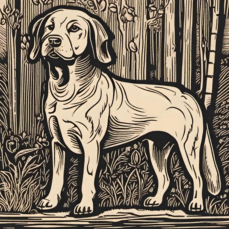 Woodcut,Woodcut, Animal, dog, monochrome, greyscale, no humans, solo, nature, forest, plant, tree, long hair