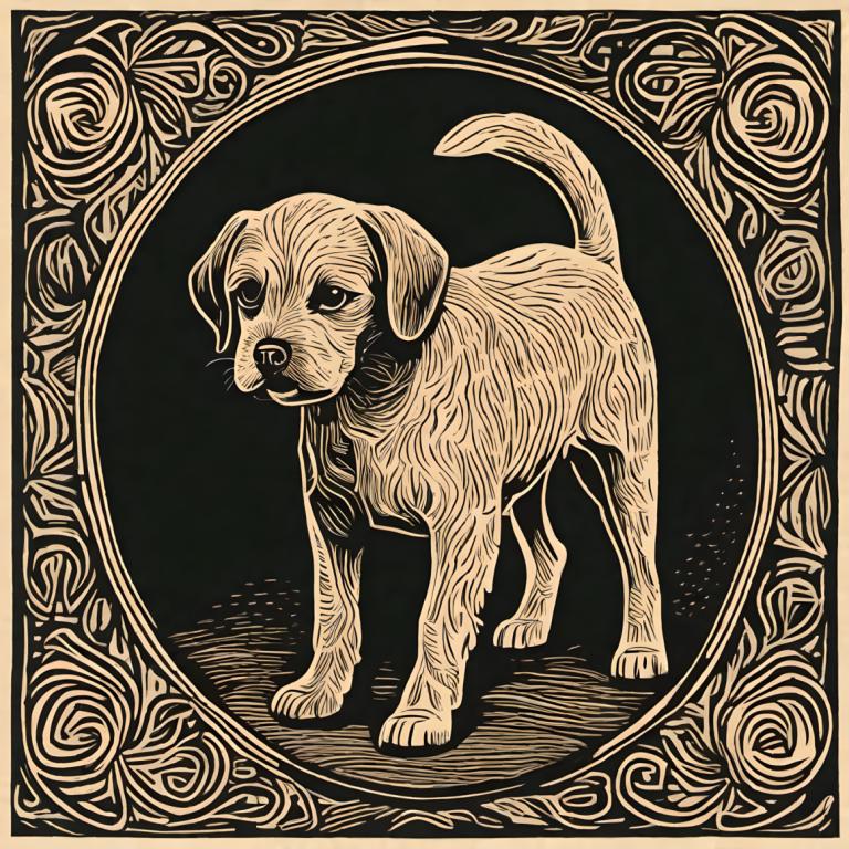 Woodcut,Woodcut, Animal, dog, no humans, dog, monochrome, greyscale, animal focus, border, solo, animal