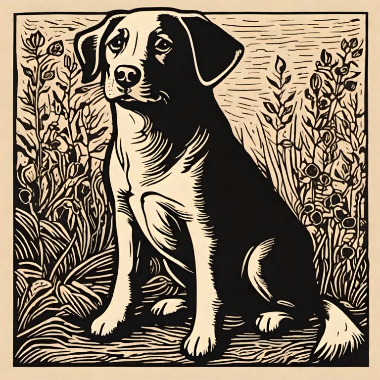 Woodcut,Woodcut, Animal, dog, no humans, dog, monochrome, flower, plant, solo, animal focus