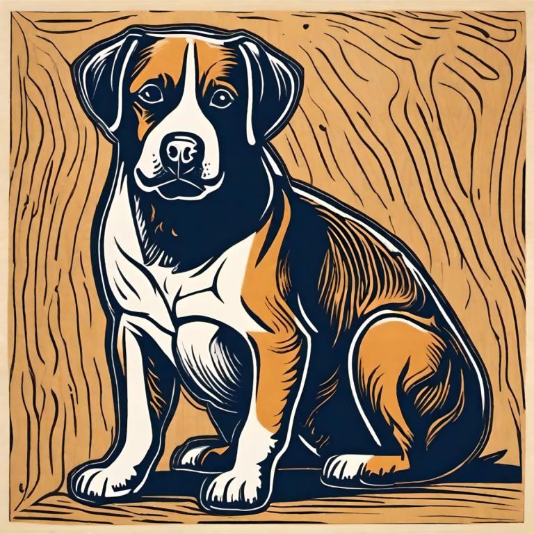 Woodcut,Woodcut, Animal, dog, no humans, dog, full body, animal focus, solo, brown background