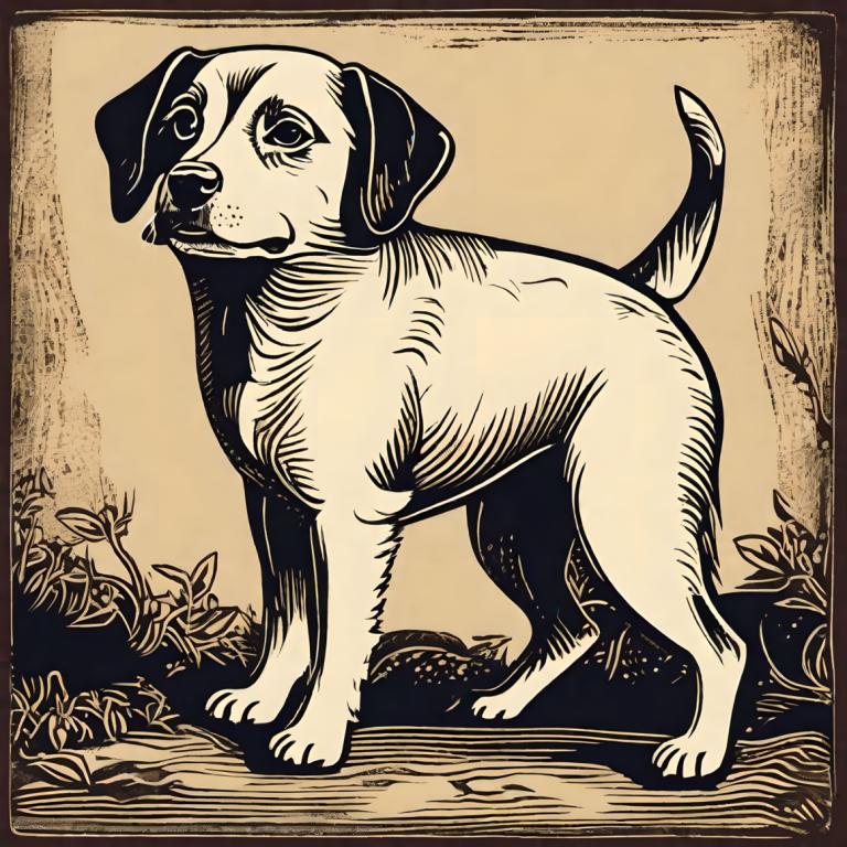 Woodcut,Woodcut, Animal, dog, no humans, dog, monochrome, solo, animal focus, full body, plant, standing