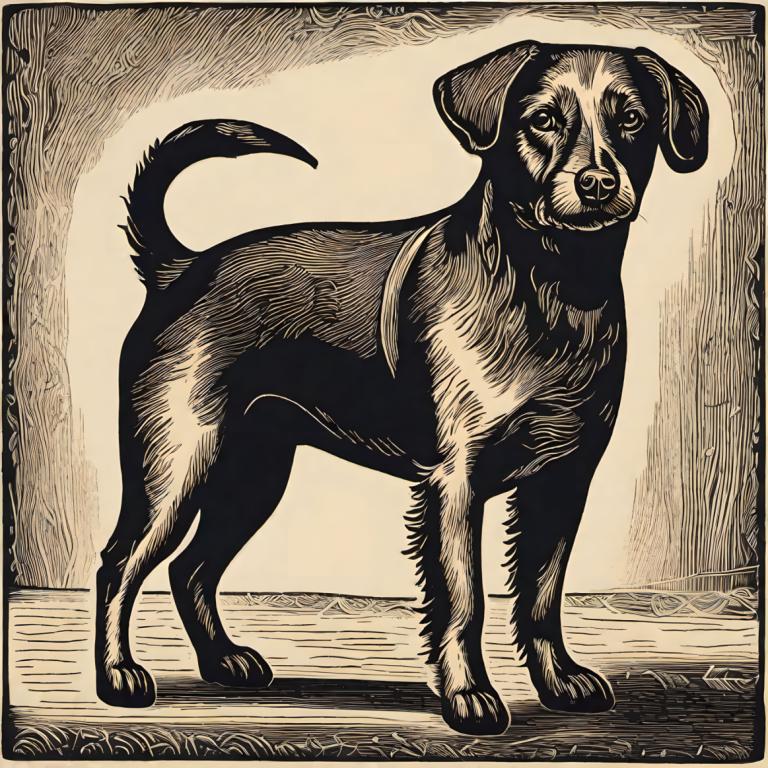 Woodcut,Woodcut, Animal, dog, no humans, dog, monochrome, animal focus, full body, signature, realistic