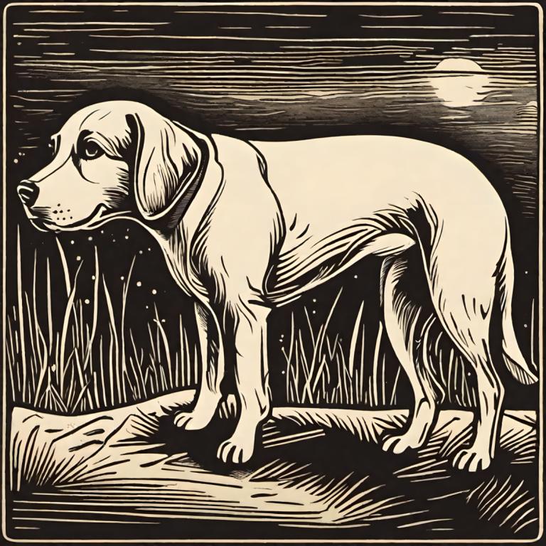 Woodcut,Woodcut, Animal, dog, monochrome, no humans, greyscale, dog, border, animal, animal focus, solo