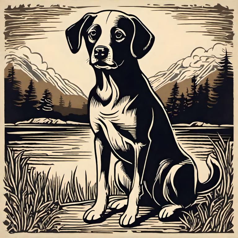 Woodcut,Woodcut, Animal, dog, no humans, dog, monochrome, outdoors, grass, tree, cloud, solo