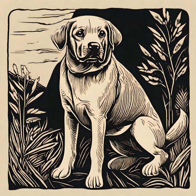 Woodcut,Woodcut, Animal, dog, no humans, dog, monochrome, grass, flower, outdoors, animal focus, solo, cloud