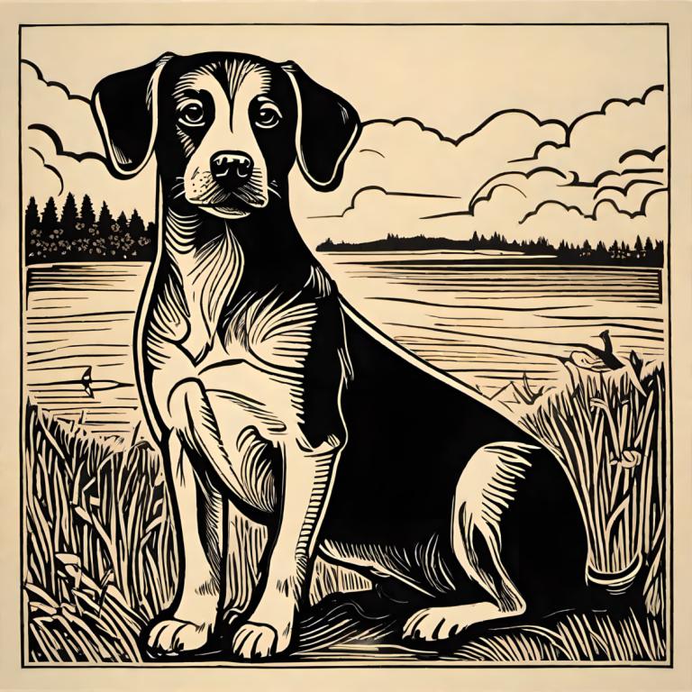 Woodcut,Woodcut, Animal, dog, no humans, dog, monochrome, cloud, outdoors, grass, sky, solo, tree