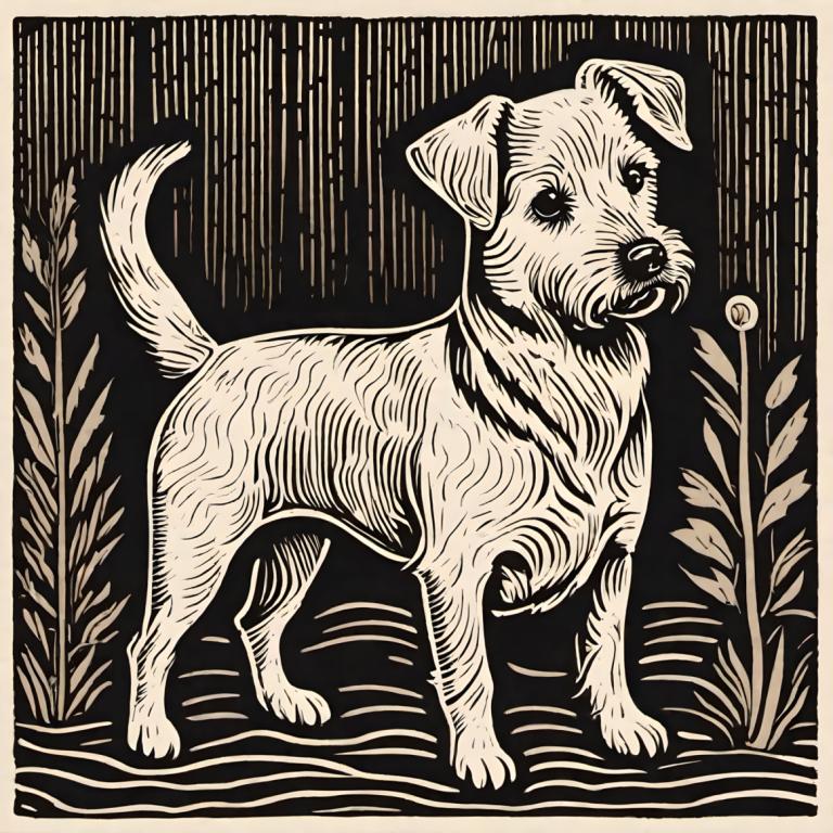 Woodcut,Woodcut, Animal, dog, no humans, monochrome, border, greyscale, animal focus, plant, solo, full body