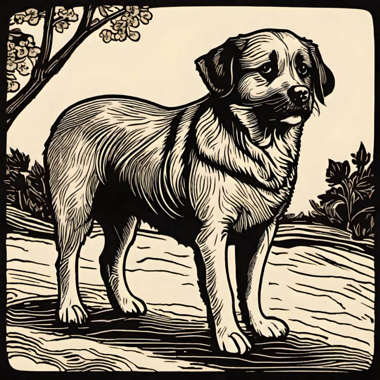 Woodcut,Woodcut, Animal, dog, no humans, dog, monochrome, animal focus, tree, flower, plant, solo, border