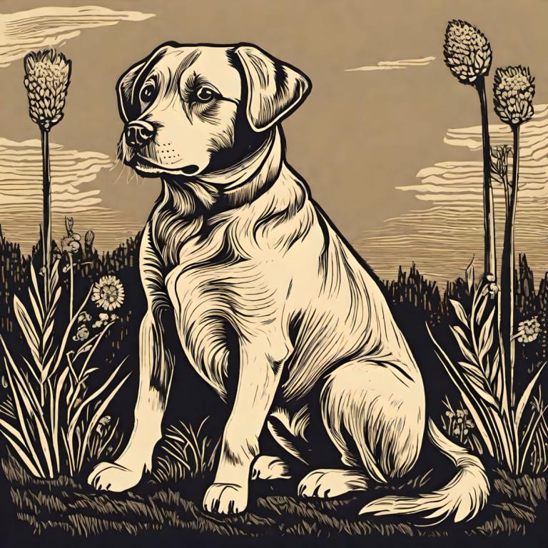 Woodcut,Woodcut, Animal, dog, no humans, dog, monochrome, flower, grass, cloud, outdoors, sky, solo